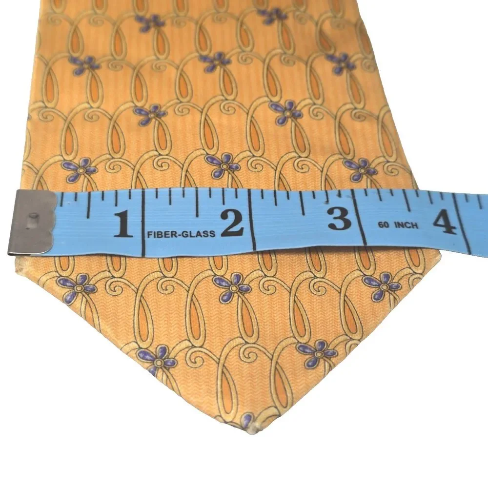 Faberge 100% Silk Tie D No. 086 Handmade in USA‎ Gold & Orange with Blue Flowers